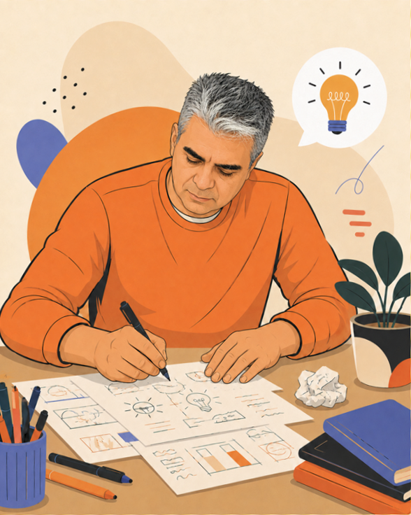 Illustration of Manolo sketching ideas at his desk